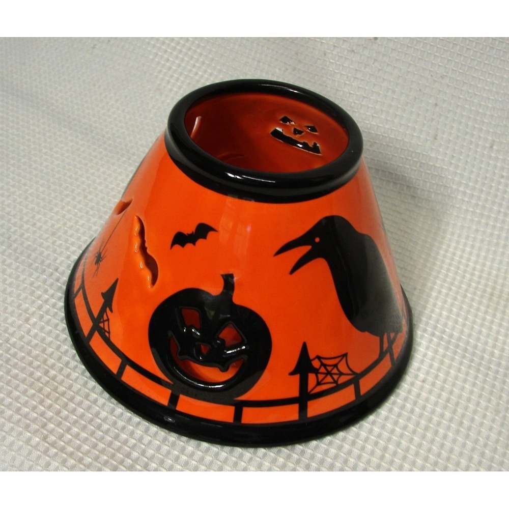 Orange Black Ceramic Jar Candle Shade Topper Halloween Spooky Pumpkin Bats Owl